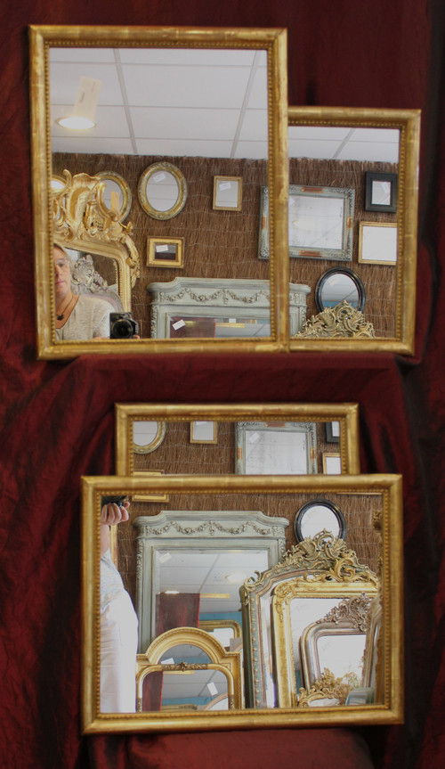 44 X 56 Cm, Pair Of Rectangle Gold Leaf Mirrors, Beaded Half-Ring Molding
