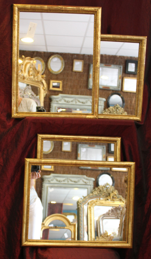 44 X 56 Cm, Pair Of Rectangle Gold Leaf Mirrors, Beaded Half-Ring Molding