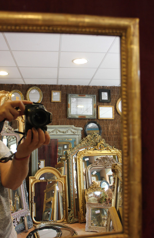 44 X 56 Cm, Pair Of Rectangle Gold Leaf Mirrors, Beaded Half-Ring Molding