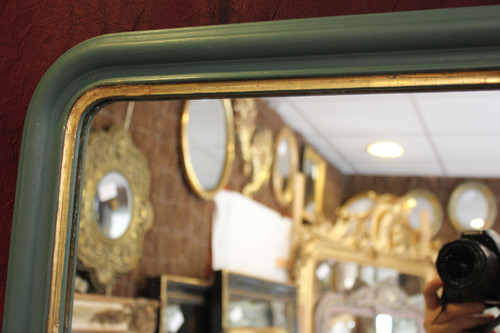 56 X 65 Cm Miroir Ancien , Moulure Louis Philippe, Patine Ton Vert Et Or