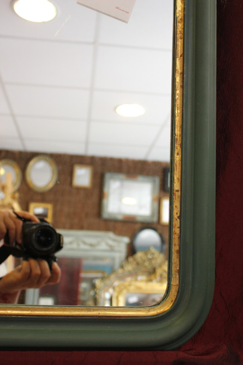 56 X 65 Cm Miroir Ancien , Moulure Louis Philippe, Patine Ton Vert Et Or