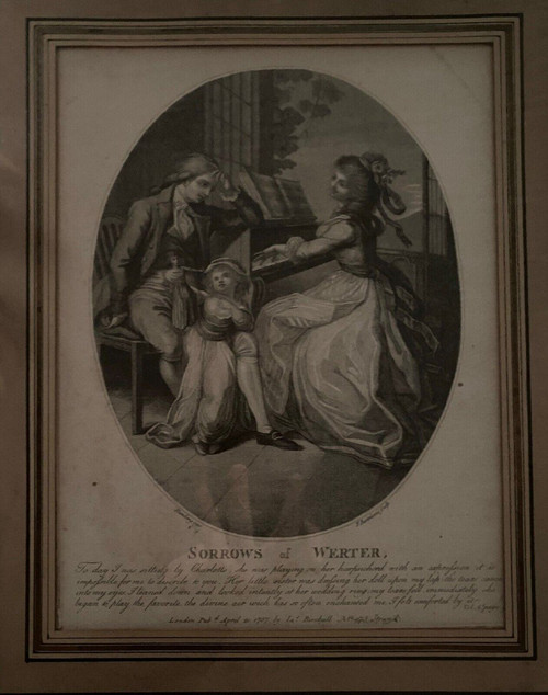 Gravure du XVIIIe Sorrows of Werter scène d'intérieur