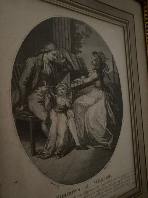 Gravure du XVIIIe Sorrows of Werter scène d'intérieur
