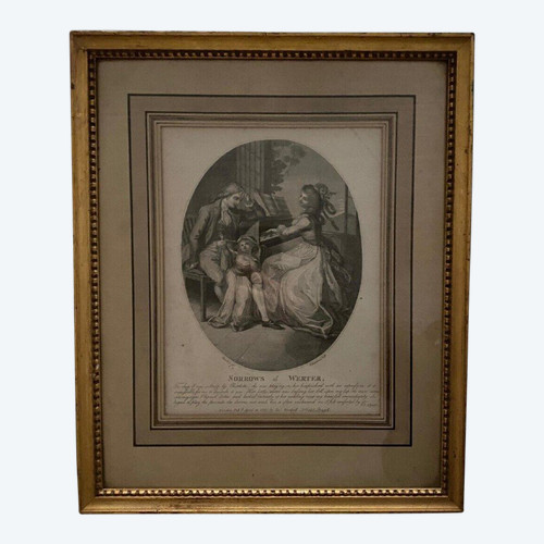 Gravure du XVIIIe Sorrows of Werter scène d'intérieur