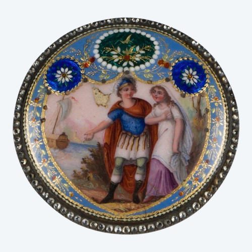 Broche en émail à froid fin XVIIIe décor romantique perlage