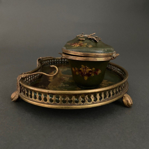 Schreibtischtopf aus Bronze und bemaltem Blech 19. Jahrhundert Napoleon III Landschaftsdekor