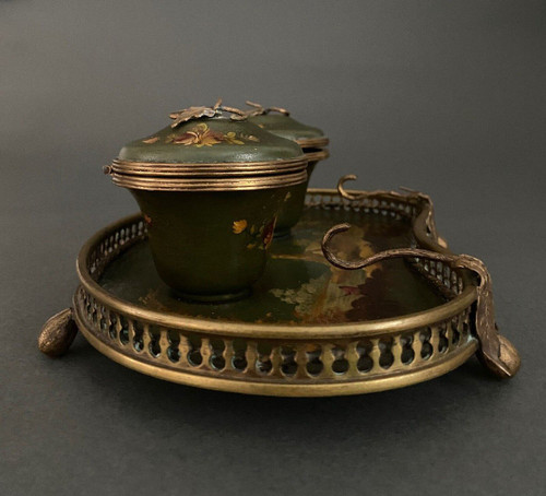 Schreibtischtopf aus Bronze und bemaltem Blech 19. Jahrhundert Napoleon III Landschaftsdekor