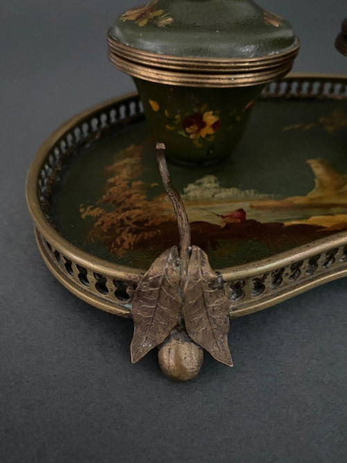 Schreibtischtopf aus Bronze und bemaltem Blech 19. Jahrhundert Napoleon III Landschaftsdekor