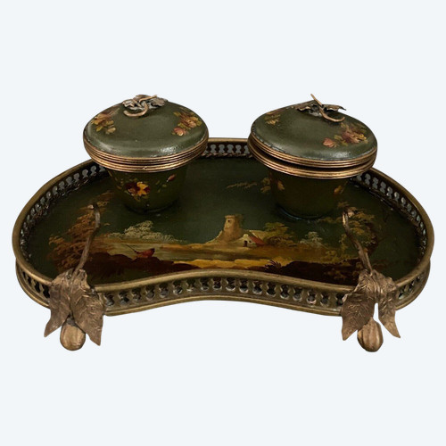 Schreibtischtopf aus Bronze und bemaltem Blech 19. Jahrhundert Napoleon III Landschaftsdekor
