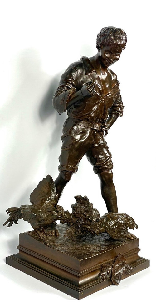 Scultura Il combattimento di galli, Emile Laporte, scultore francese del XIX secolo