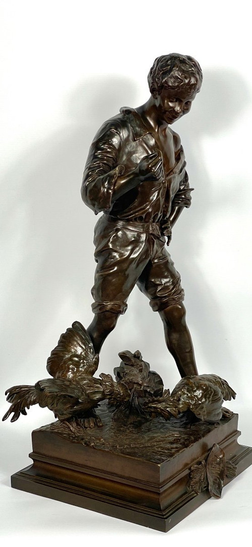 Scultura Il combattimento di galli, Emile Laporte, scultore francese del XIX secolo