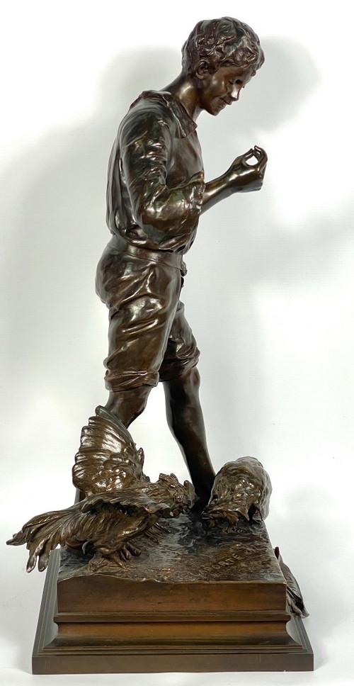 Scultura Il combattimento di galli, Emile Laporte, scultore francese del XIX secolo