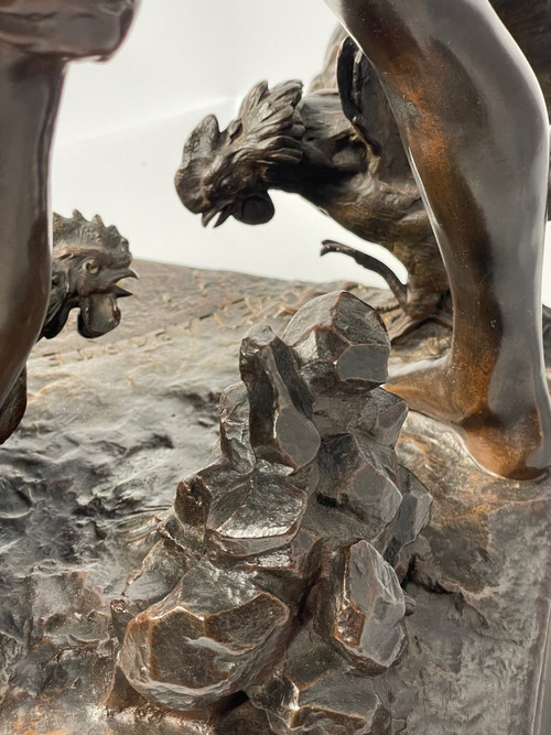 Scultura Il combattimento di galli, Emile Laporte, scultore francese del XIX secolo