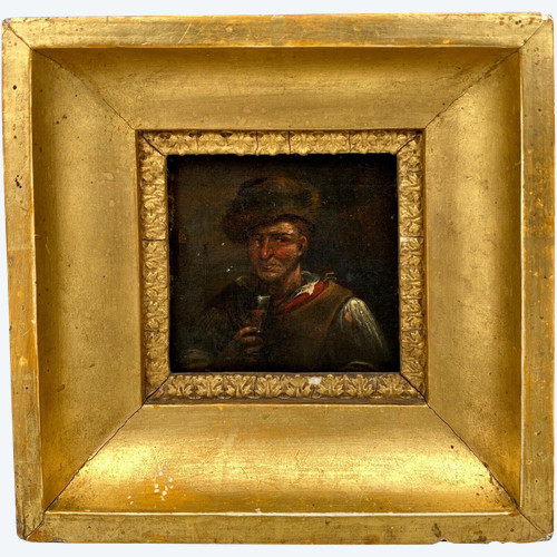 Pannello in legno del bevitore di taverna del XVII secolo Adriaen Brouwer in miniatura