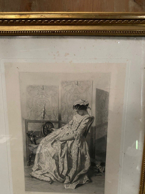 19th century engraving The Broken Thread Widal pinx G. de Montaut sc. gilded frame