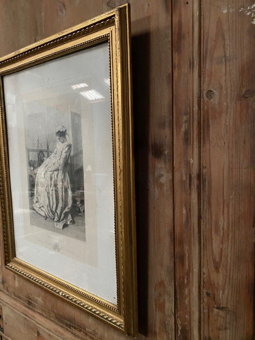 19th century engraving The Broken Thread Widal pinx G. de Montaut sc. gilded frame
