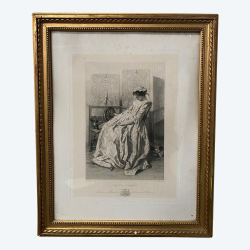 19th century engraving The Broken Thread Widal pinx G. de Montaut sc. gilded frame