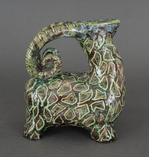 Zoomorphic Aries pitcher signed in French ceramic 20th century 1960