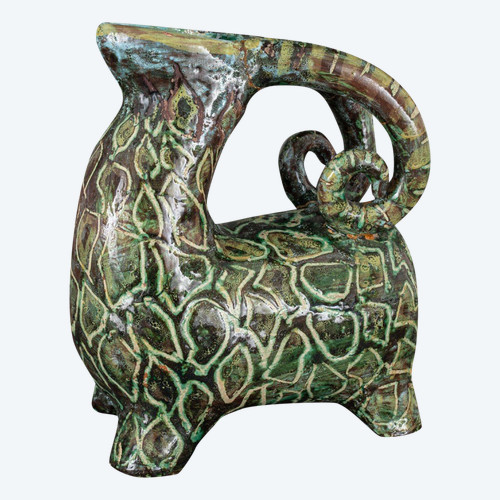 Zoomorphic Aries pitcher signed in French ceramic 20th century 1960