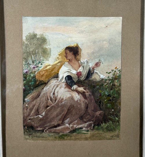 Aquarelle sur papier XIXe signée représentant une femme en costume