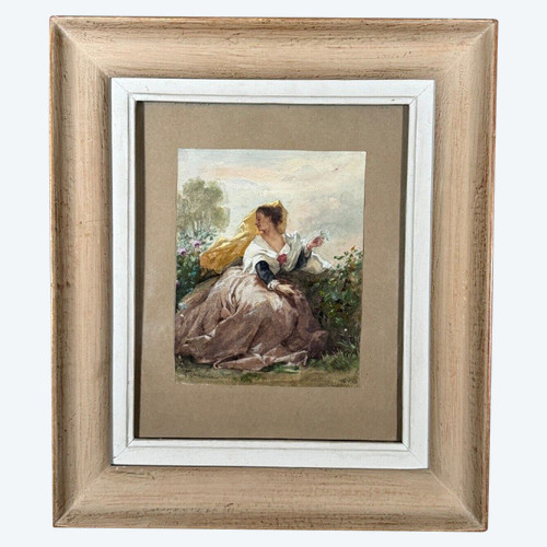 Aquarelle sur papier XIXe signée représentant une femme en costume