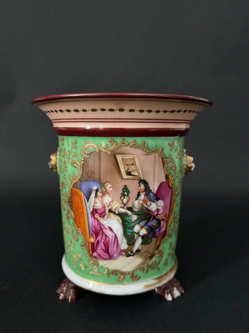 Cache-pot époque Louis-Philippe décor romantique XIXe fond vert