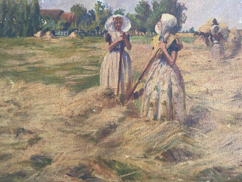 Huile sur toile par Geffroy femmes à la moisson début XXe