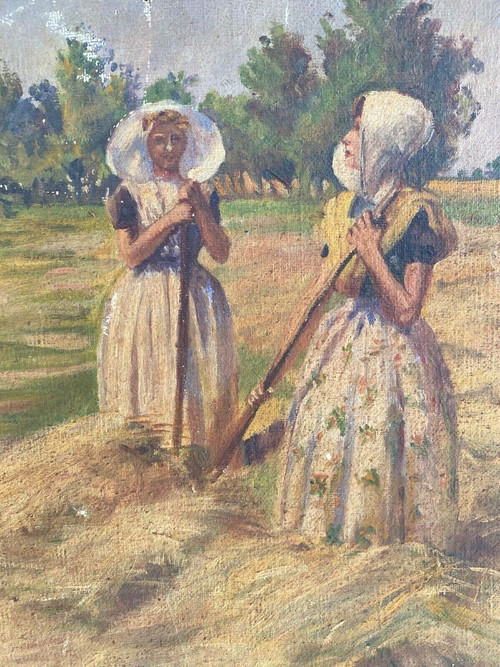 Huile sur toile par Geffroy femmes à la moisson début XXe