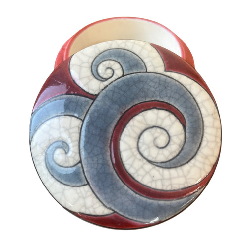 Art Deco Bonbonniere in Longwy Enamels - 1930 - Blue and Red Scroll Decor