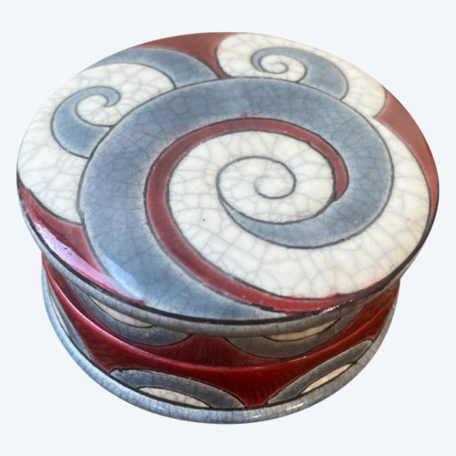 Art Deco Bonbonniere in Longwy Enamels - 1930 - Blue and Red Scroll Decor