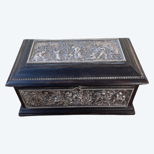 Ebony Box with Repoussé Silver Metal Plate - Representation of the 4 Seasons - 19th Century