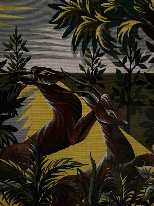 Tapestry on panel by Roga mid-20th century antelopes in the savannah