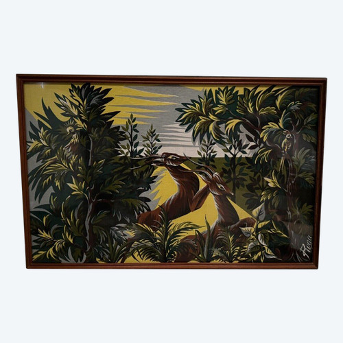 Tapestry on panel by Roga mid-20th century antelopes in the savannah