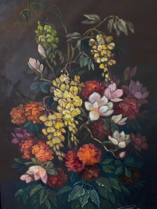 Huile sur toile par Picquet nature morte bouquet de fleurs 1930