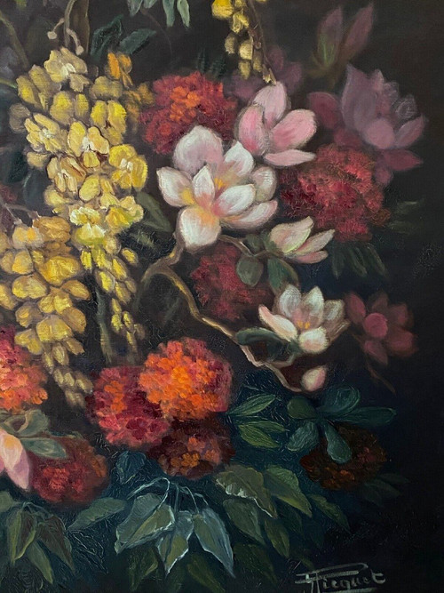 Huile sur toile par Picquet nature morte bouquet de fleurs 1930