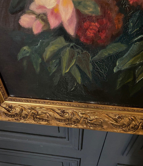 Huile sur toile par Picquet nature morte bouquet de fleurs 1930
