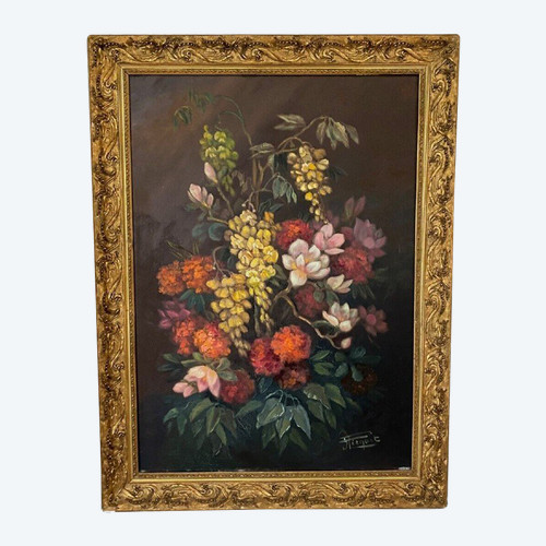 Huile sur toile par Picquet nature morte bouquet de fleurs 1930