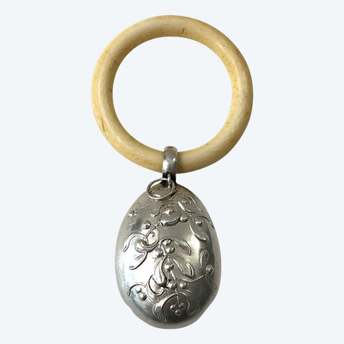 Ancien hochet de bébé ART NOUVEAU en argent massif à décor de GUI anneau de dentition en ivoire