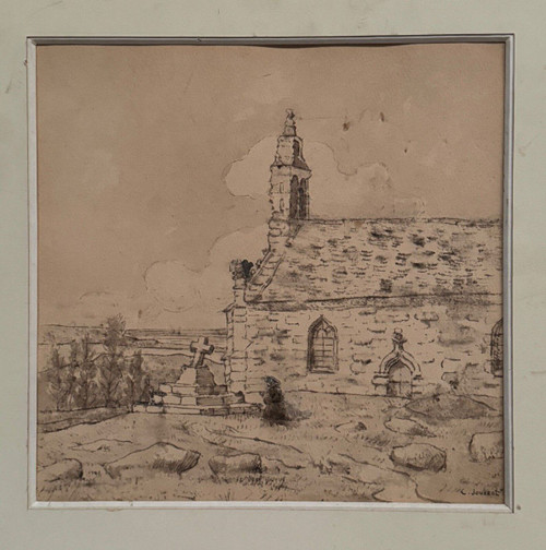 Dessin sur papier par Claude Jousset représentant une église bretonne XXe