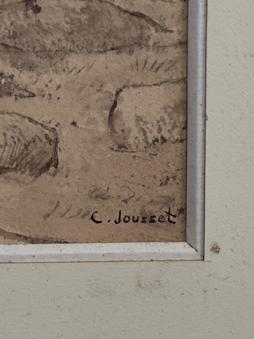 Dessin sur papier par Claude Jousset représentant une église bretonne XXe