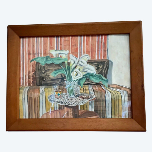 Aquarelle sur papier nature morte par Varnier cadre en bois naturel XXe
