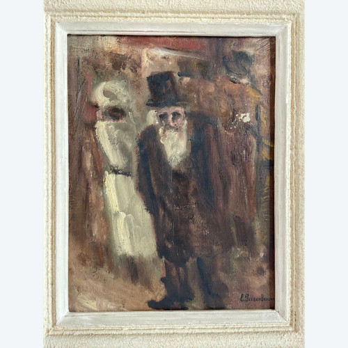 Olio su tela di Elsa Peerenboom scena di strada costumi di personaggi del 1900