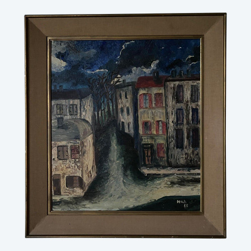 Huile sur panneau par Mick représentant une rue la nuit 1965