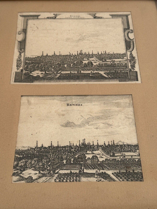 Deux gravures du XVIIIe représentant Rennes dans cadre baguette