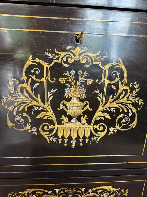 SECRETAIRE NAPOLEON III - XIXème en bois noirci et marqueterie de laiton