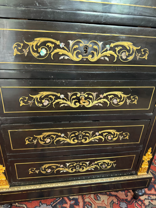 SECRETAIRE NAPOLEON III - XIXème en bois noirci et marqueterie de laiton