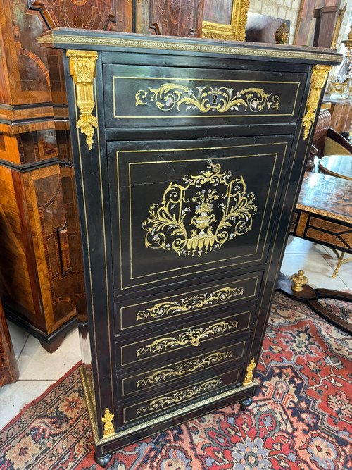 SECRETAIRE NAPOLEON III - XIXème en bois noirci et marqueterie de laiton