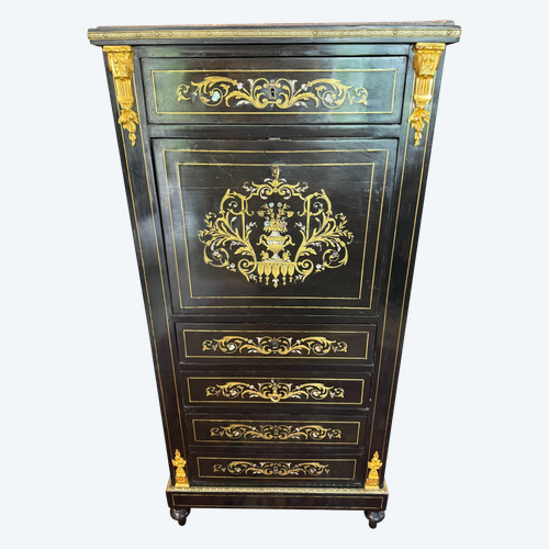 SECRETAIRE NAPOLEON III - XIXème en bois noirci et marqueterie de laiton