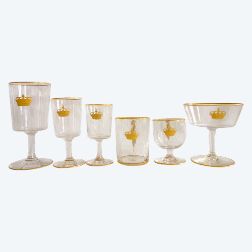 6-piece glassware set in engraved & gilded Baccarat crystal, royal crown, paper label