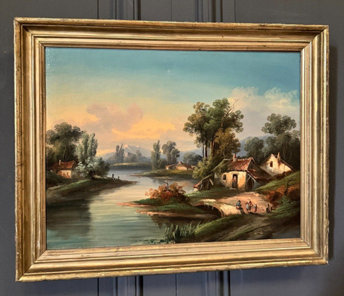 Huile sur toile paysage au bord d'un cours d'eau fin XIXe